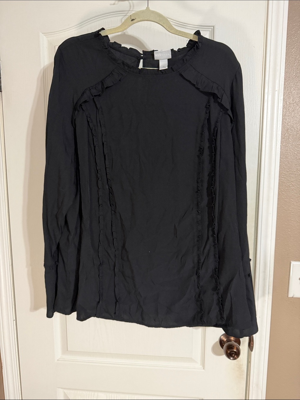 Ava & Viv Black Long-Sleeve Ruffle Trim Blouse